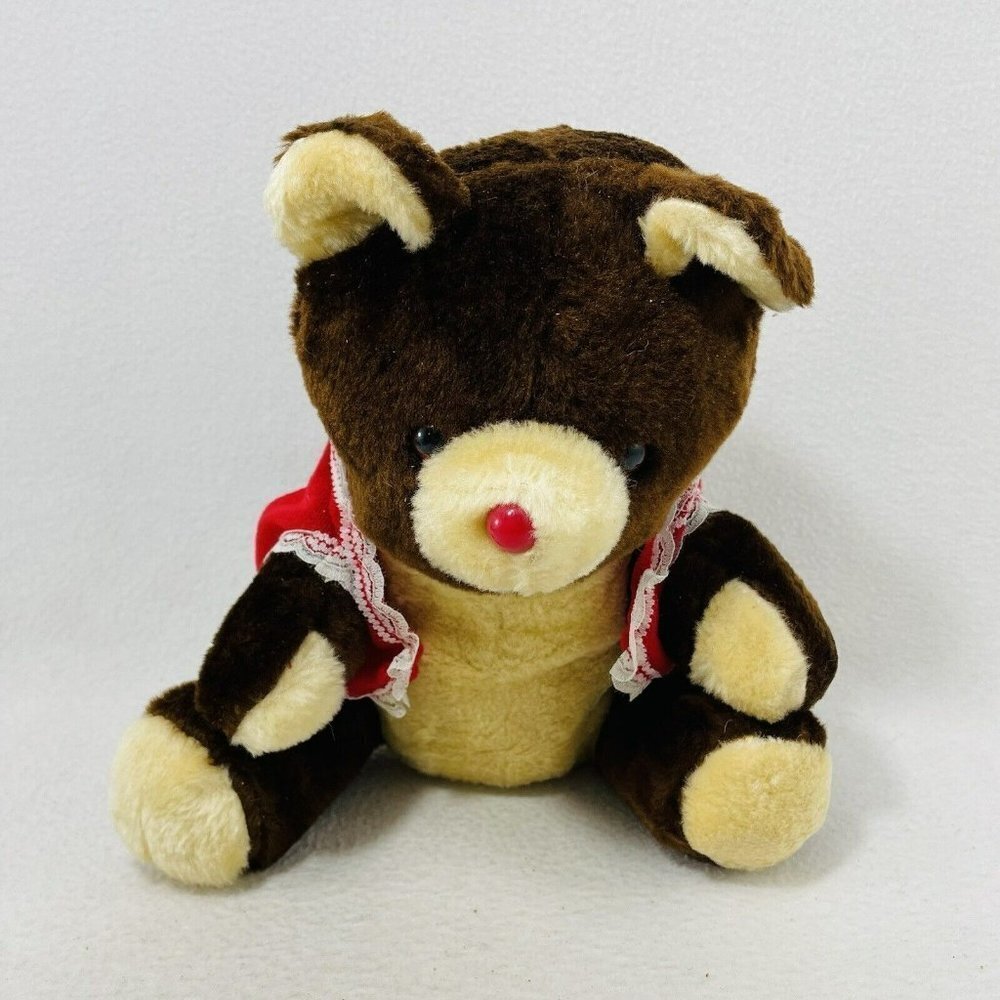 Vintage 1985 Komfy Bear Plush 10” Red Nose Brown Clothes Jacket Lace Vest Taiwan